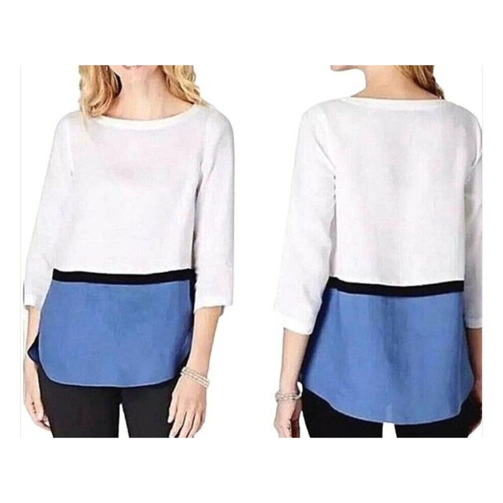 J Jill Love Linen Color Block Top Tunic White Blue Womens Petite Small Normcore